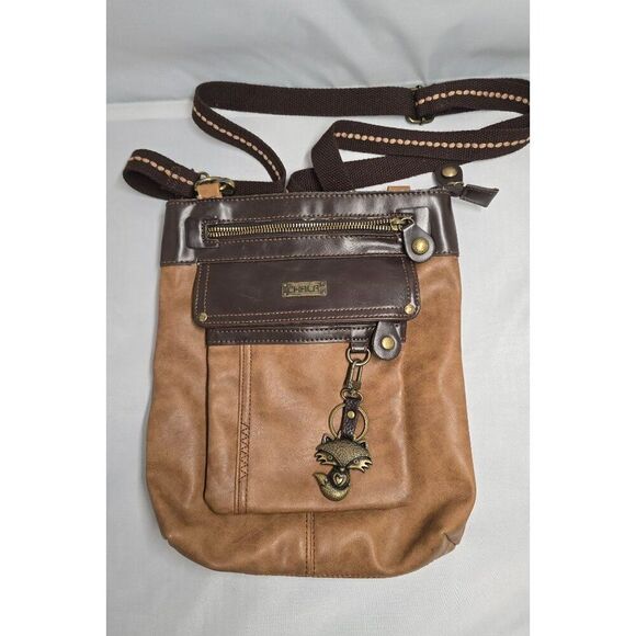 Chala Brown Faux Leather Crossbody Bag With Fox Charm & Zippered Pockets boho - Picture 3 of 12